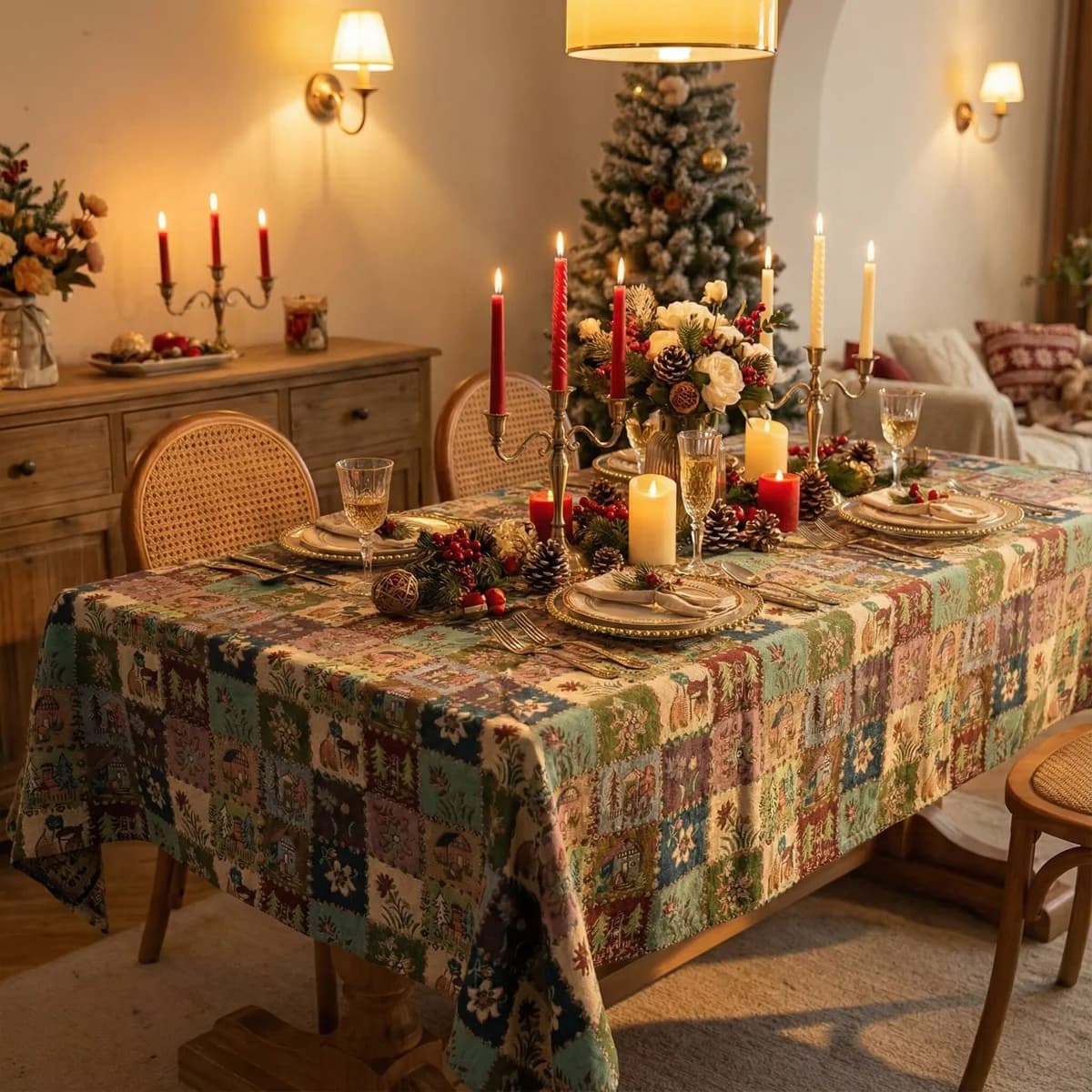 Puuvillasekoitepöytäliina ja -kangas kukkaisella jacquard-kuviolla