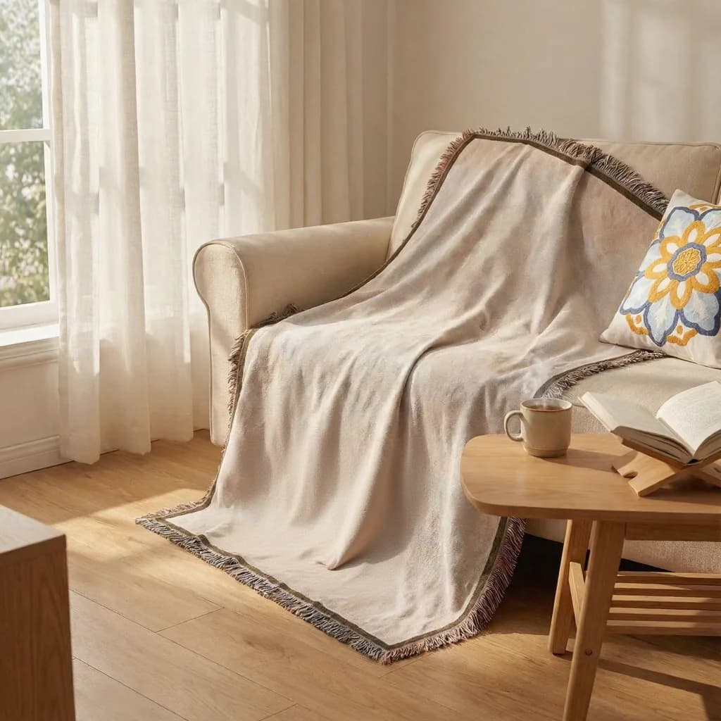 Kudottu kuvakudospäällinen sohvalle, sängylle tai seinälle