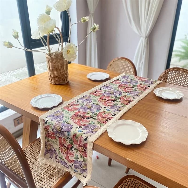 Amerikkalainen maalaistyylinen jacquard-pöytäliina, kukkakuvio