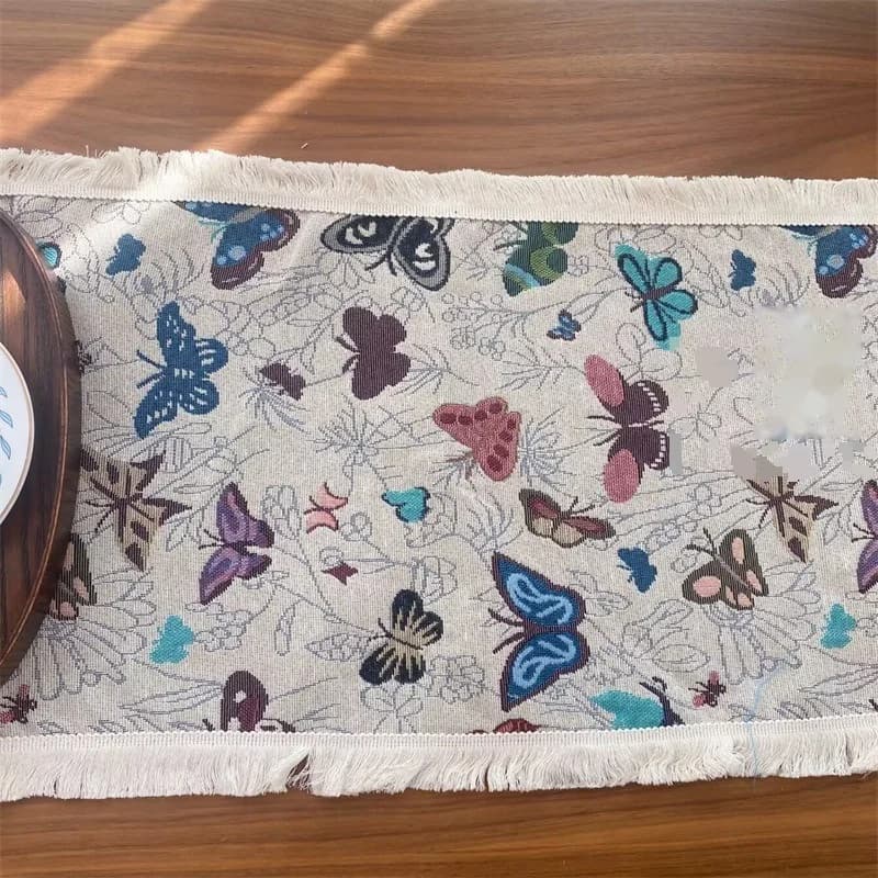 Amerikkalainen maalaistyylinen puuvilla-pellavapöytäliina, kukkakuvio ja tupsut