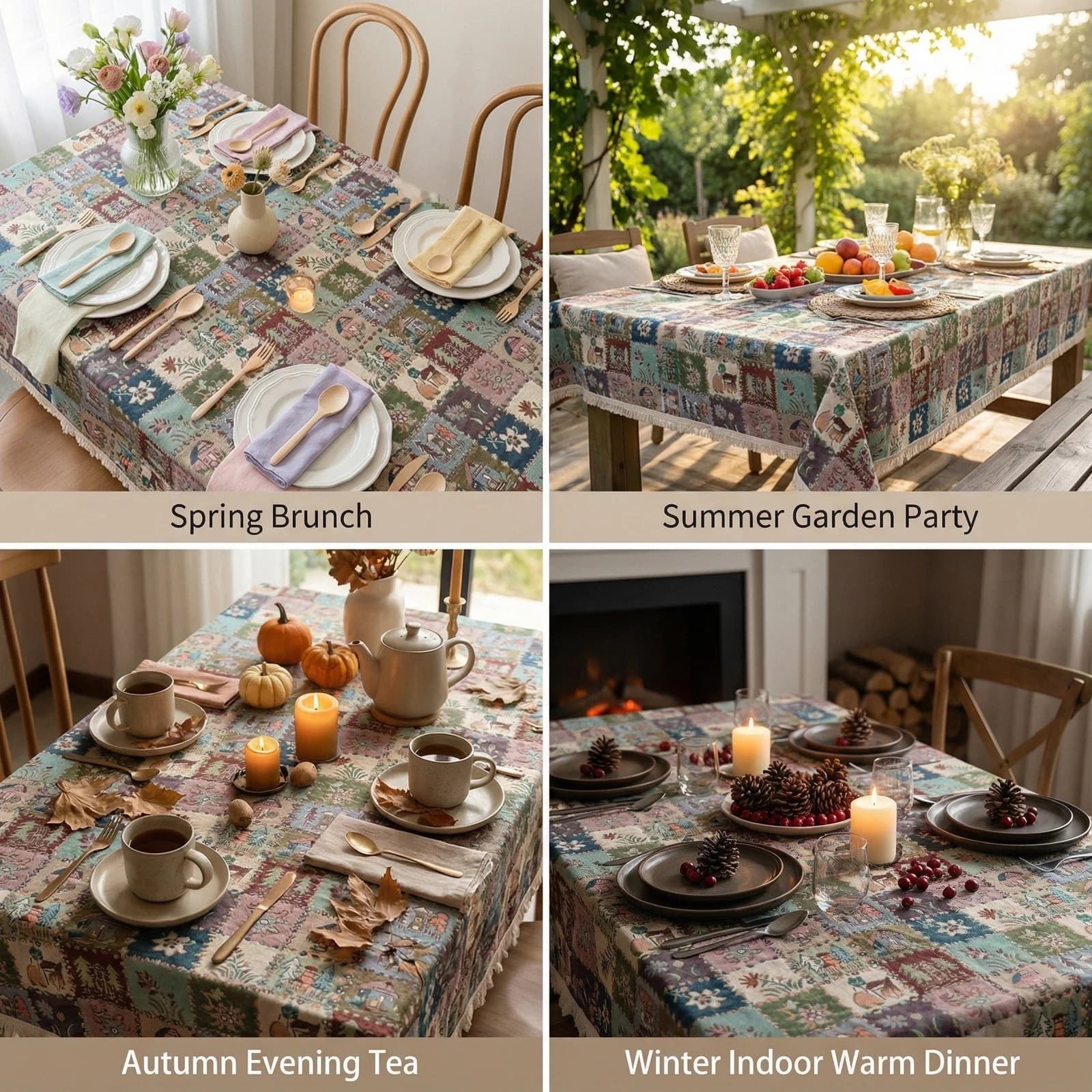 Maalaistyylinen jacquard-pöytäliina kukkaöljymaalaustyyli
