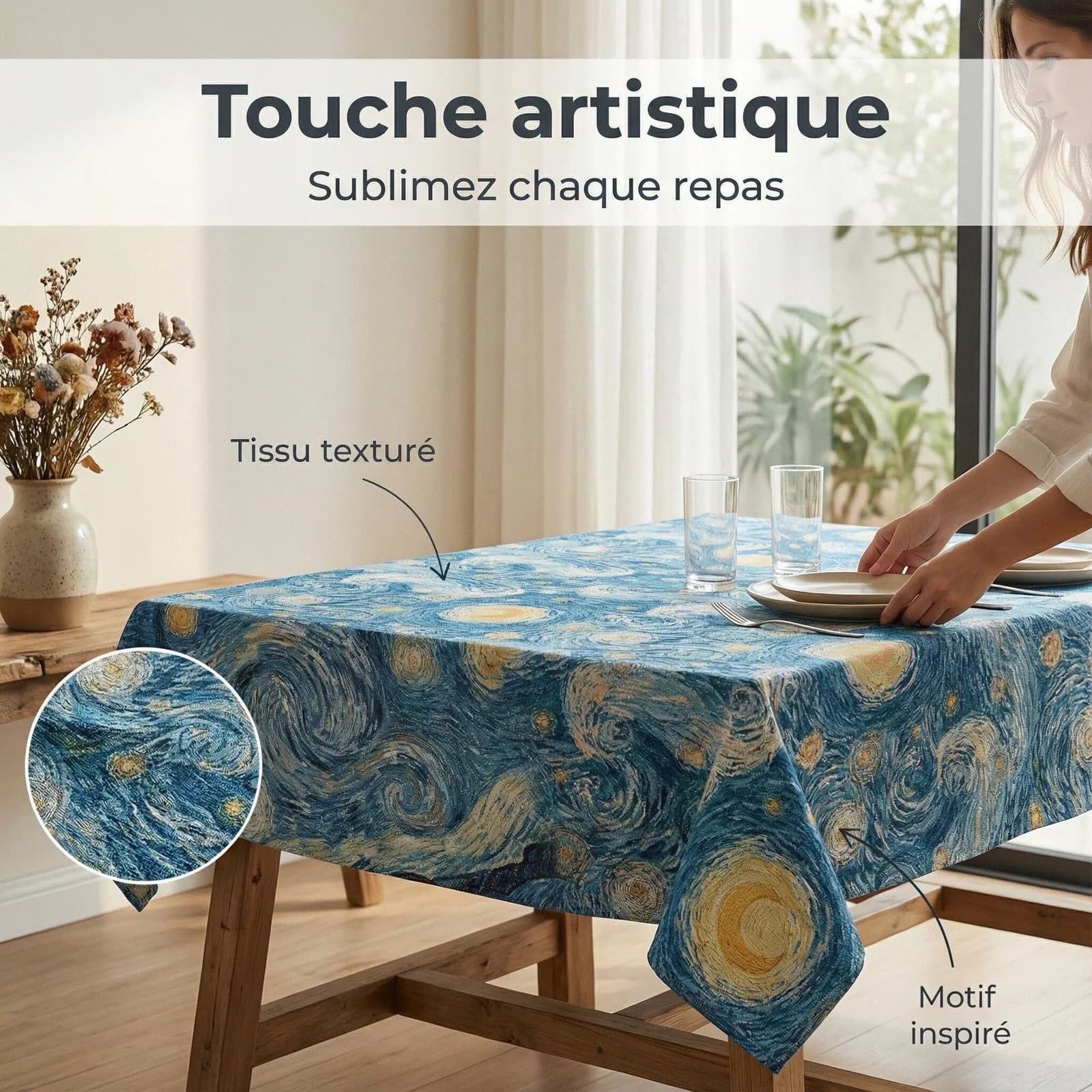 Tähtiyö-jacquard-pöytäliina ja kankainkoriste